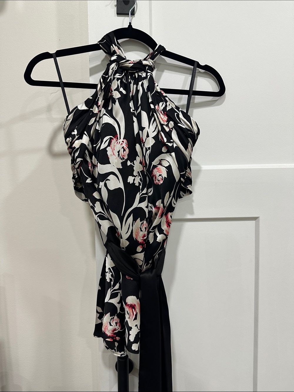 White House Black Market Black Floral Halter Neck Blouse